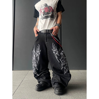 Graphic Art Embroidery Wide Leg Denim Jeans WN18804