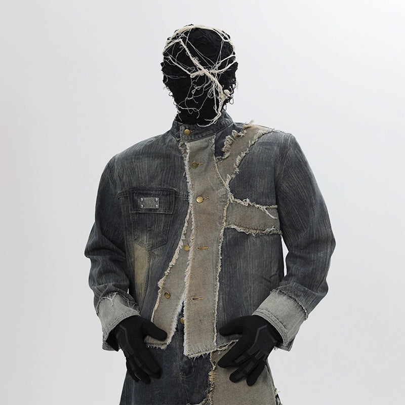 Deconstructed Patchwork Washed Denim Jacket & Damage Wide Leg Denim Jeans Setup WN18681
