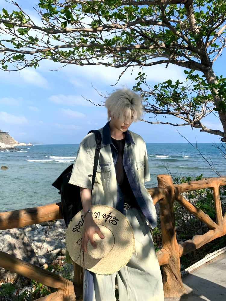 Paint Denim Short Sleeve Shirt & Wide Leg Denim Jeans Setup WN19866