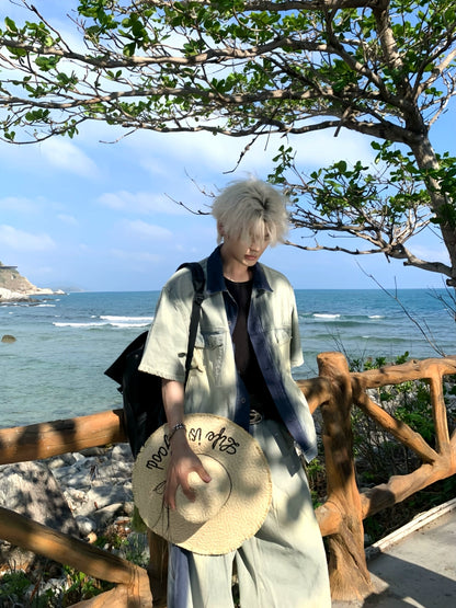 Paint Denim Short Sleeve Shirt & Wide Leg Denim Jeans Setup WN19866