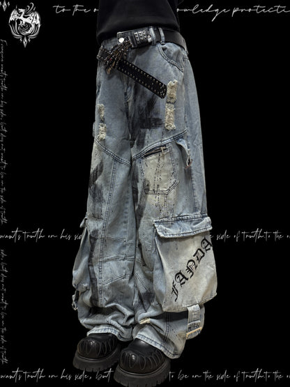 Paint Splash Damage Cargo Wide Leg Denim Jeans & Skull Belt & Belt Chain WN23817