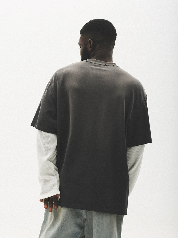 Fake Layered Damage Print Oversize Long Sleeve T-Shirt WN17789
