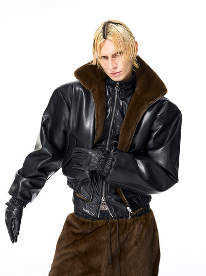 Reversible Fake Fur Stand Neck PU Leather Jacket & Pants Setup WN21827