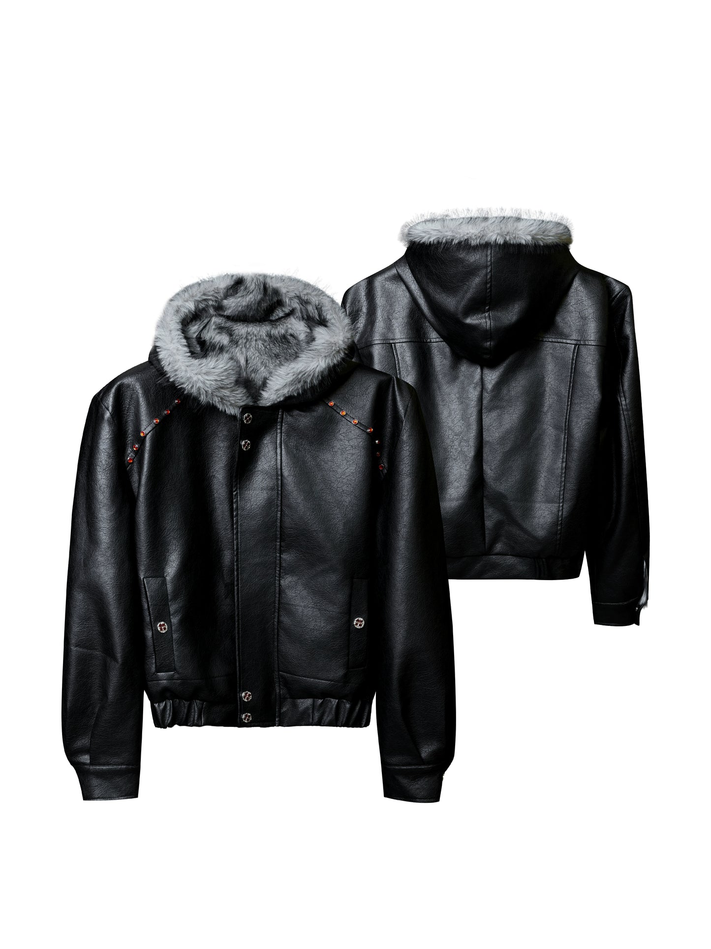 Hooded Fake Fur Collar PU Leather Jacket WN22594
