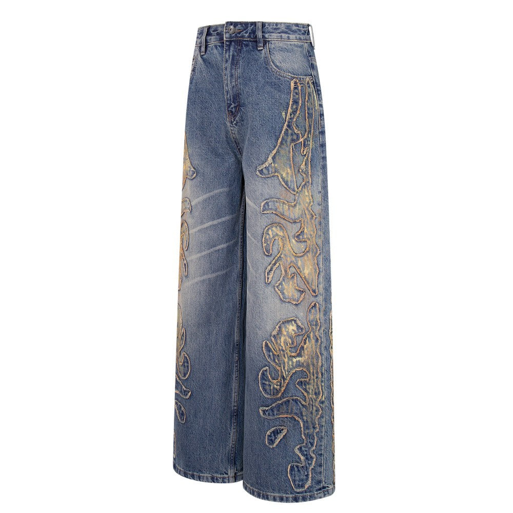 Frayed Applique Embroidery Washed Wide Leg Denim Jeans WN27833