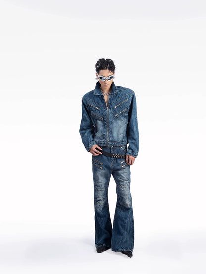 Gradient Washed Shoulder Pad Denim Jacket & Flare Denim Jeans Setup WN9214