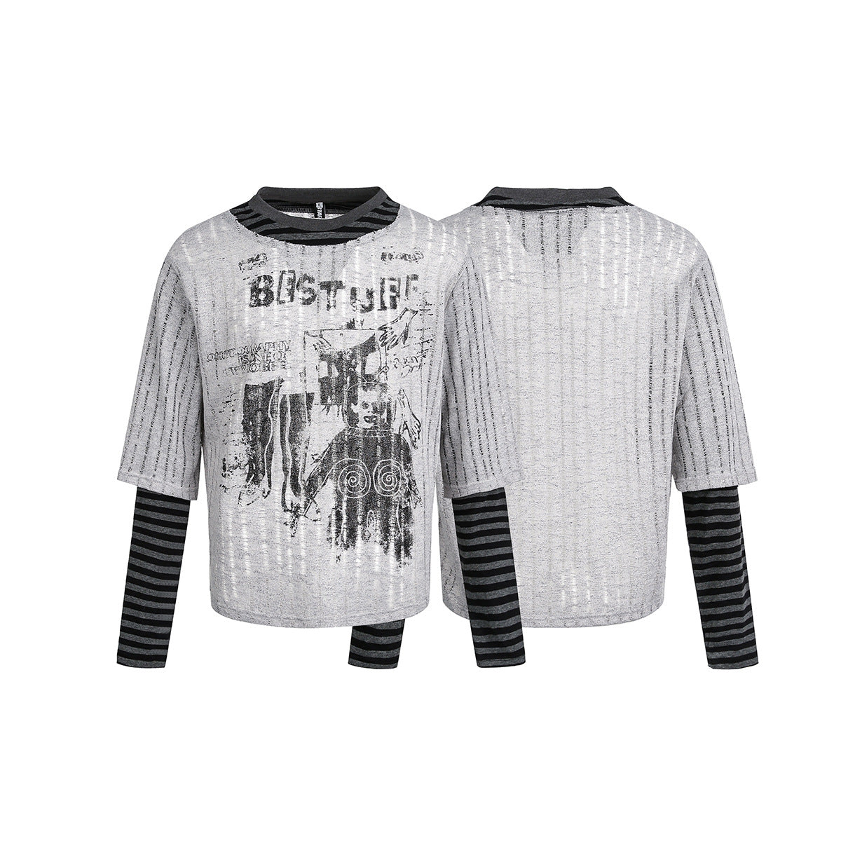 Stripe Fake Layered Graphic Long Sleeve T-Shirt WN25494