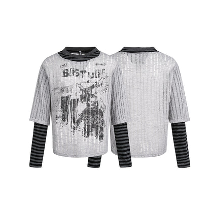 Stripe Fake Layered Graphic Long Sleeve T-Shirt WN25494