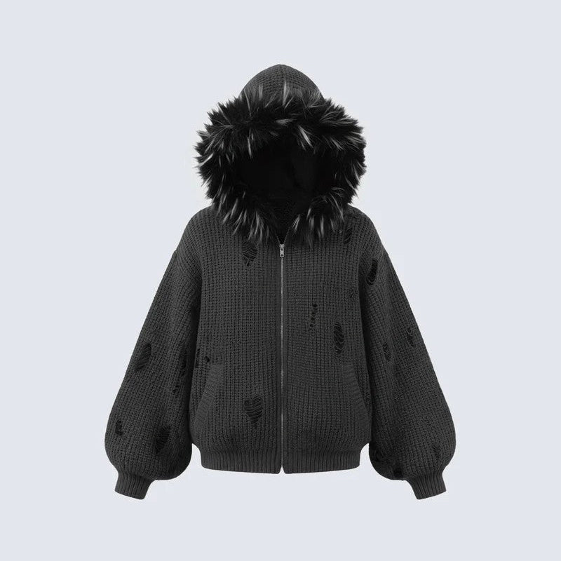 Fake Fur Collar Damage Zipper Knit Hoodie WN28100
