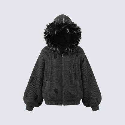 Fake Fur Collar Damage Zipper Knit Hoodie WN28100