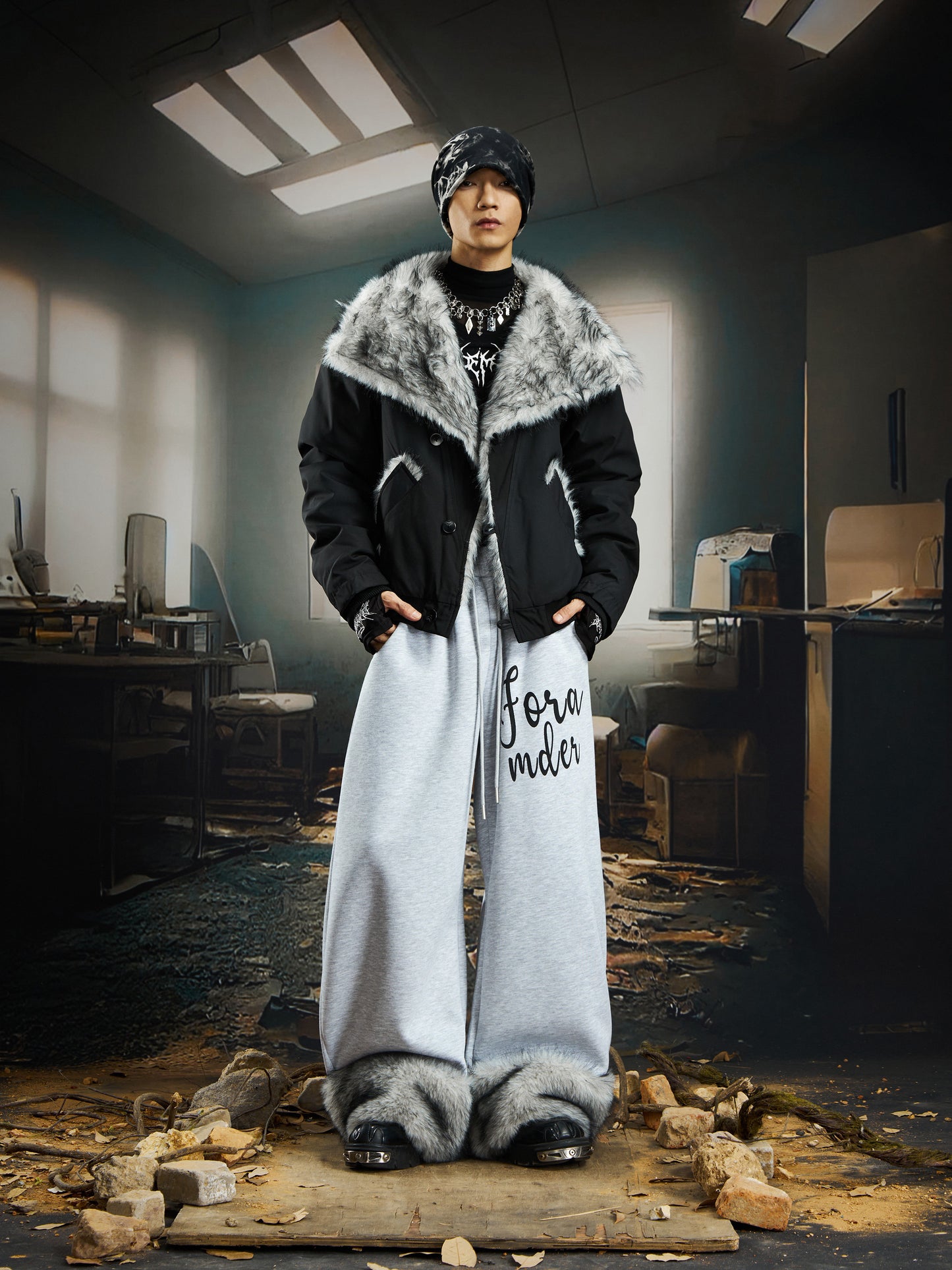 Damage Dye Fake Fur Lapel Puffer Jacket WN22764