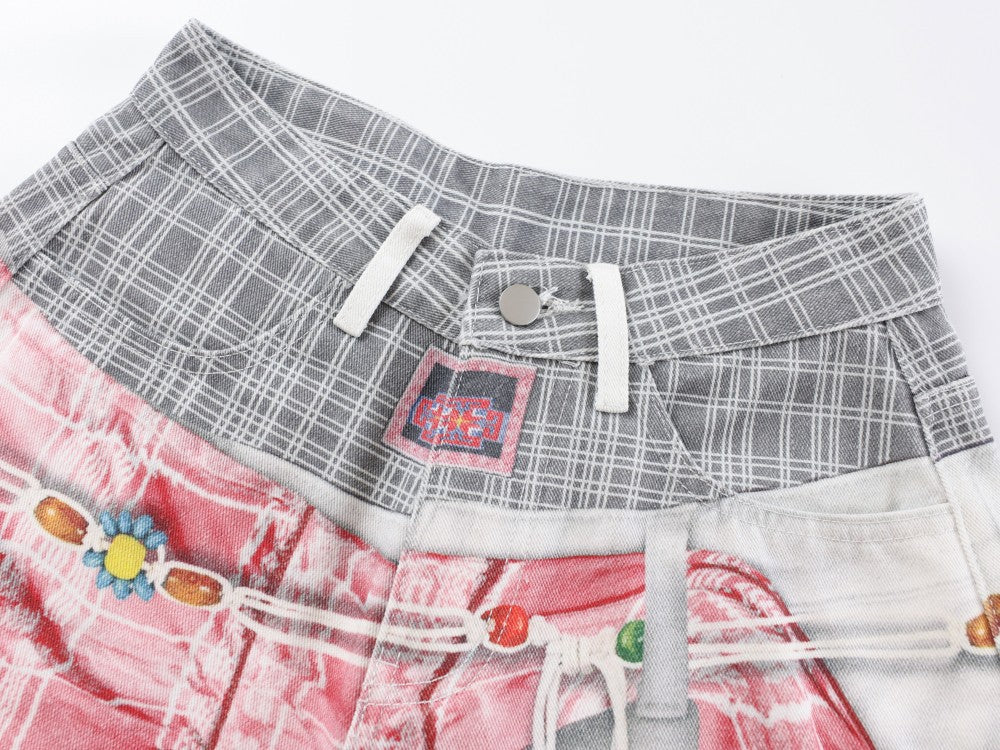 Plaid Deconstructed Drawstring Wide Leg Denim Jeans WN28043