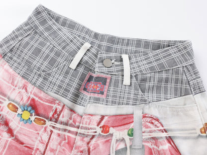 Plaid Deconstructed Drawstring Wide Leg Denim Jeans WN28043