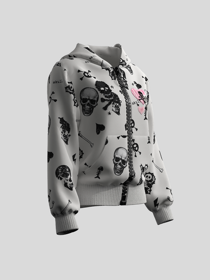 Skull Heart Graphic Cropped Zipper Hoodie WN27106
