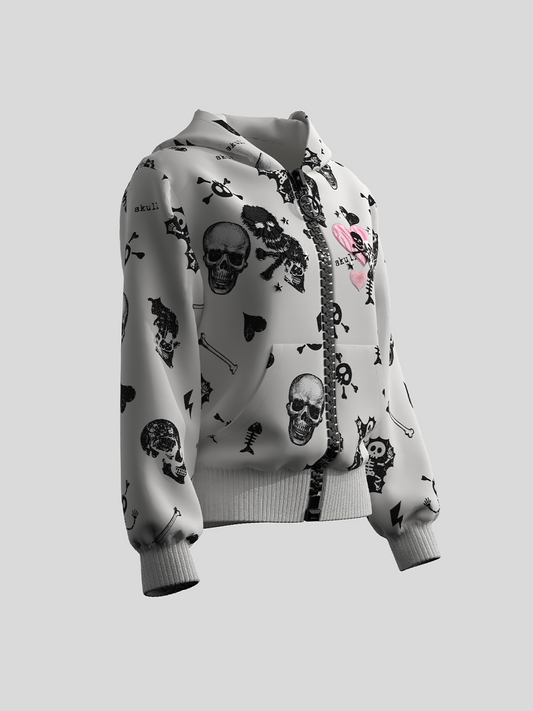 Skull Heart Graphic Cropped Zipper Hoodie WN27106