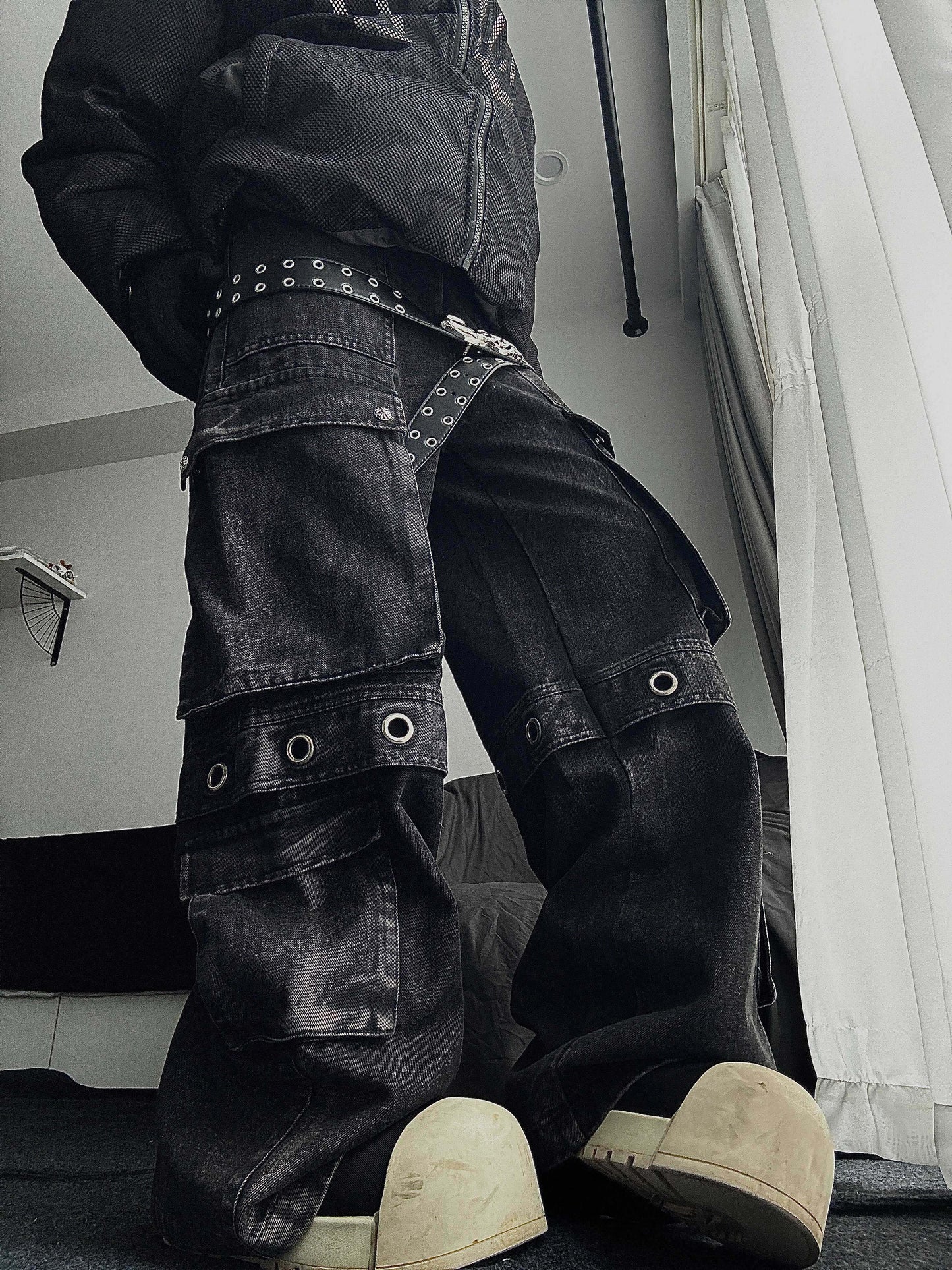 Multi Pocket Eyelet Wide Leg Cargo Denim Jeans WN24168