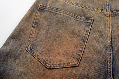 Mud Dye Washed Whisker Wide Leg Denim Jeans WN27904
