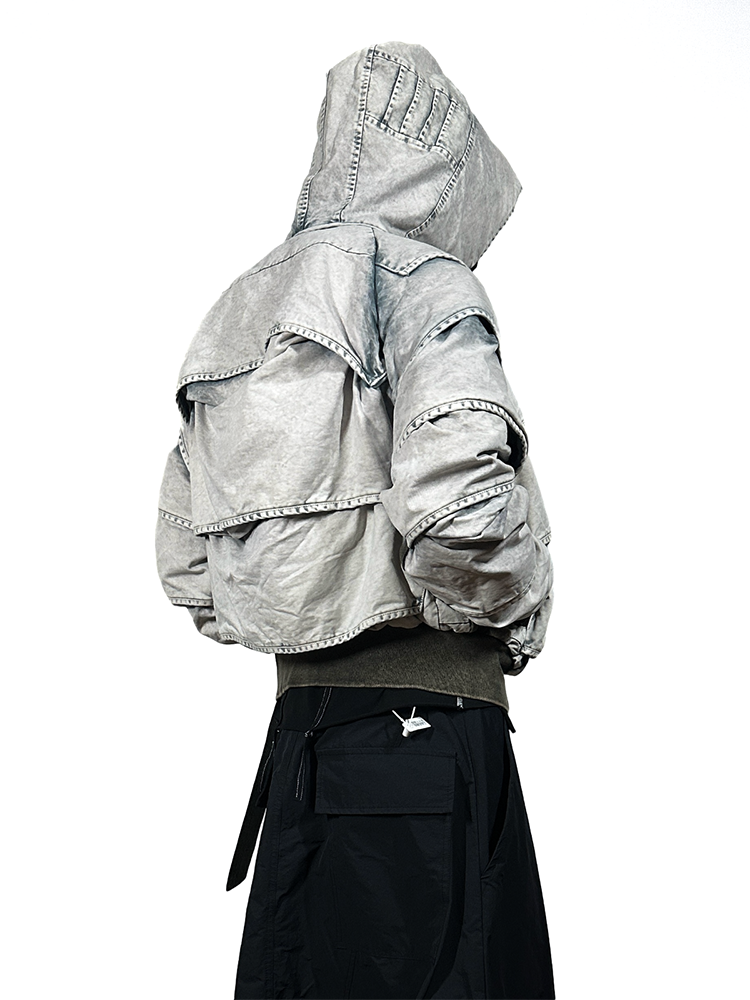 Faded Washed Pleats Structured Hooded Short Jacket WN21984