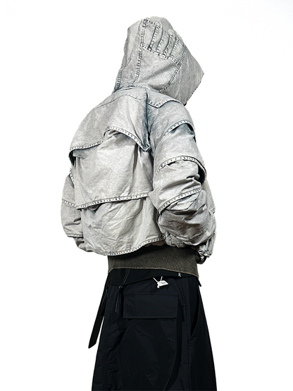 Faded Washed Pleats Structured Hooded Short Jacket WN21984