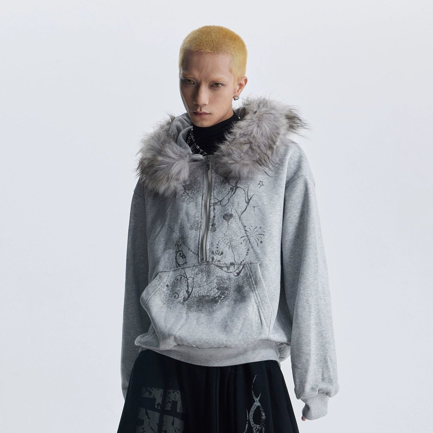 Fake Fur Art Print Oversize Half Zipper Hoodie WN20804