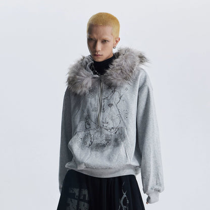 Fake Fur Art Print Oversize Half Zipper Hoodie WN20804
