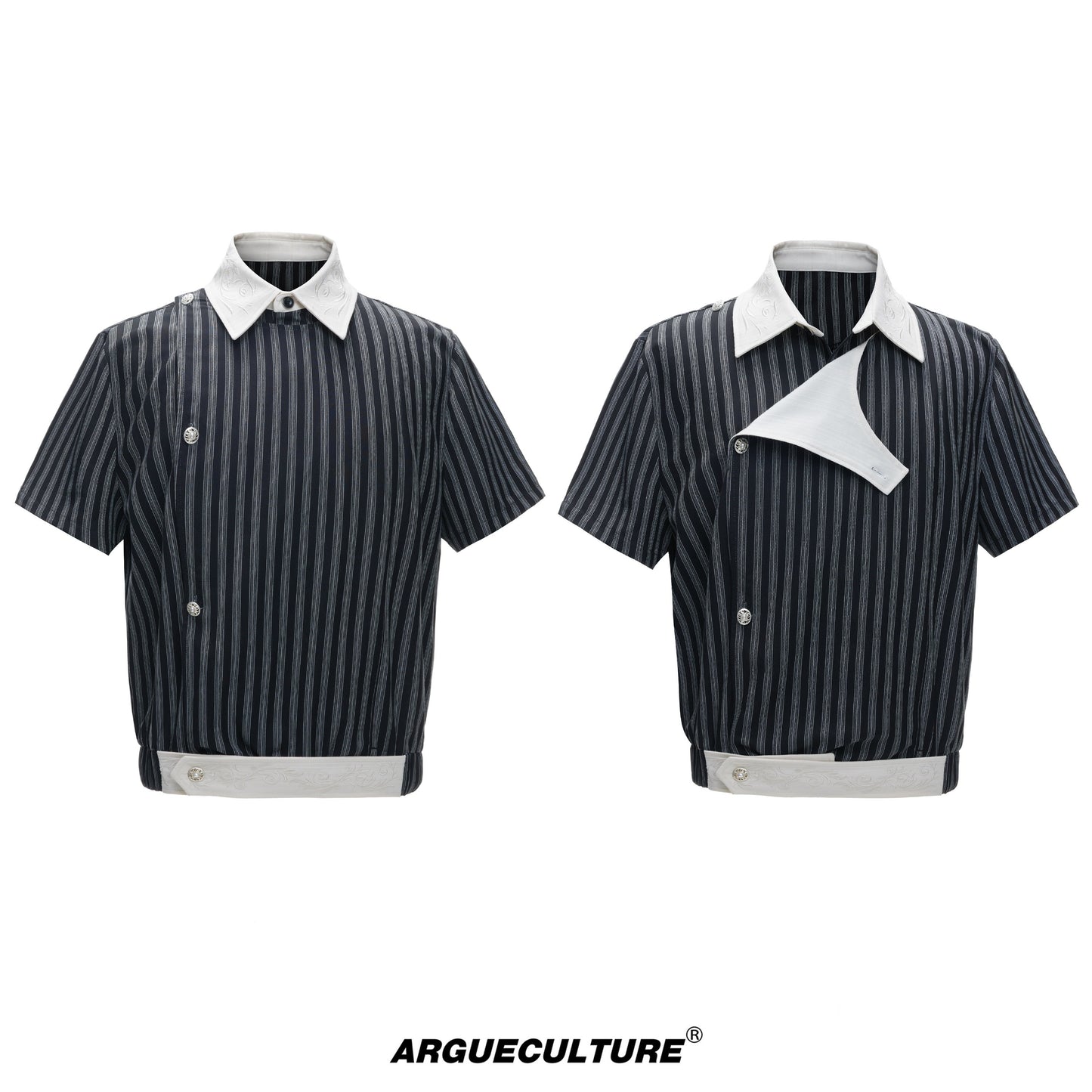 Deconstructed Stripe Embroidery Short Sleeve Shirt & Wide Leg Pants Setup WN27012
