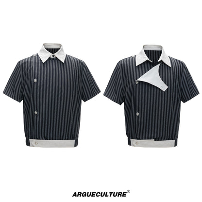 Deconstructed Stripe Embroidery Short Sleeve Shirt & Wide Leg Pants Setup WN27012