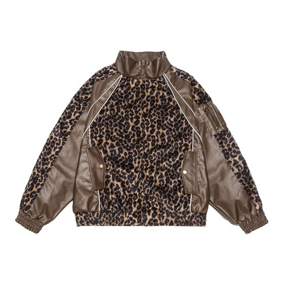 Stand Neck Leopard Print PU Leather Mix Jacket WN8371