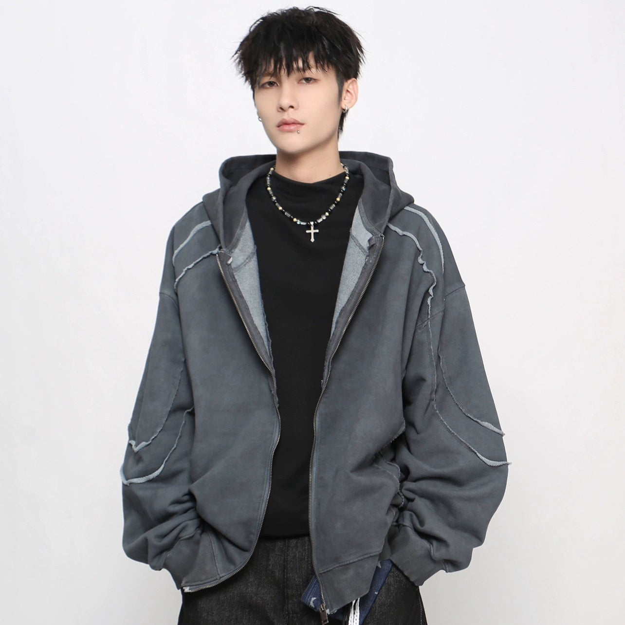 Heavyweight Cut Design Zipper Hoodie WN21038