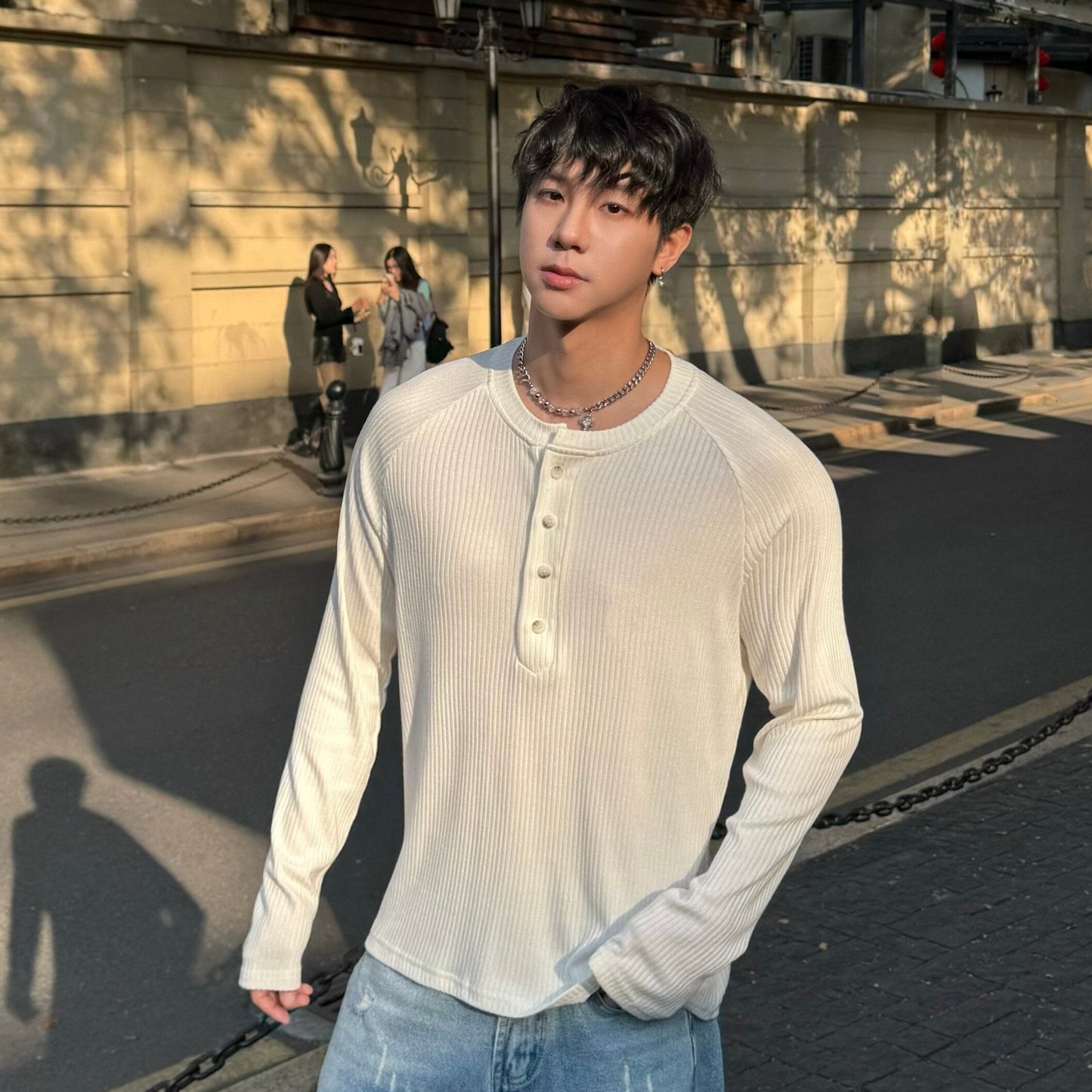 Henley Neck Ribbed Slim Long Sleeve T-Shirt WN25238