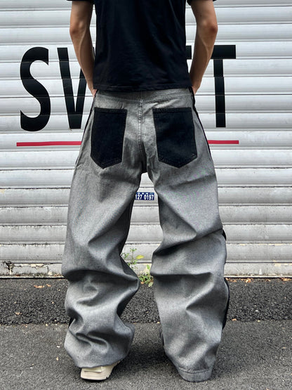 Print Contrast Panel Button Fly Wide Leg Denim Jeans WN24038