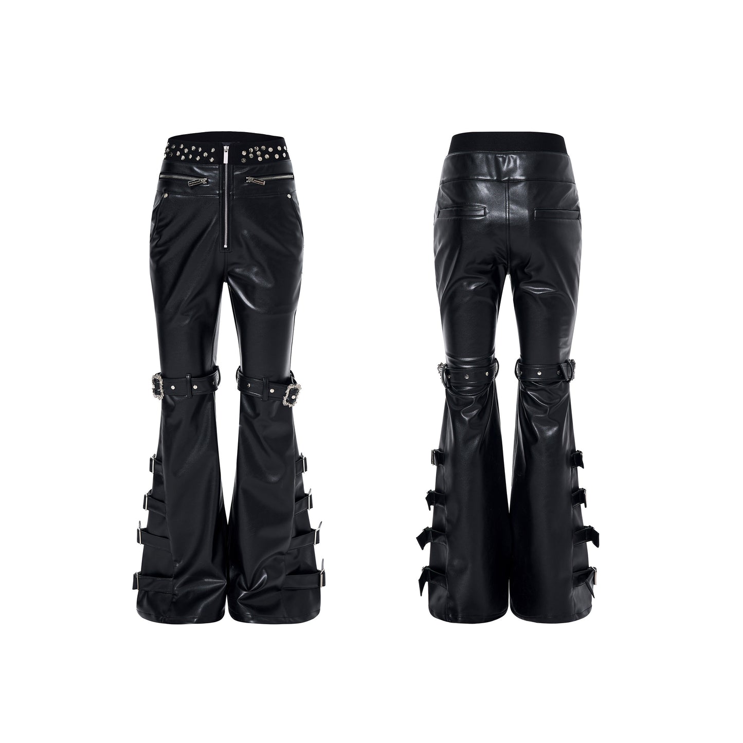 PU Leather Flare Metal Rivet Buckle Pants WN23258