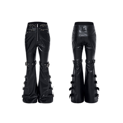 PU Leather Flare Metal Rivet Buckle Pants WN23258