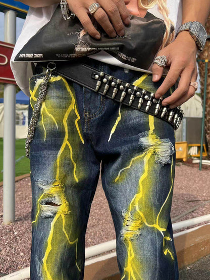 3D Lightning Pleats Extra Long Denim Jeans WN24125