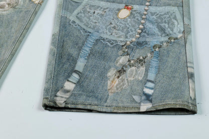 3D Print Washed Wide Leg Denim Jeans WN23038