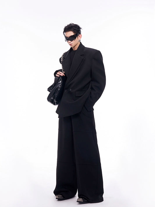 Layered Collar Shoulder-Pad Oversize Tailored Jacket & Wide Leg Trousers Setup WN11690