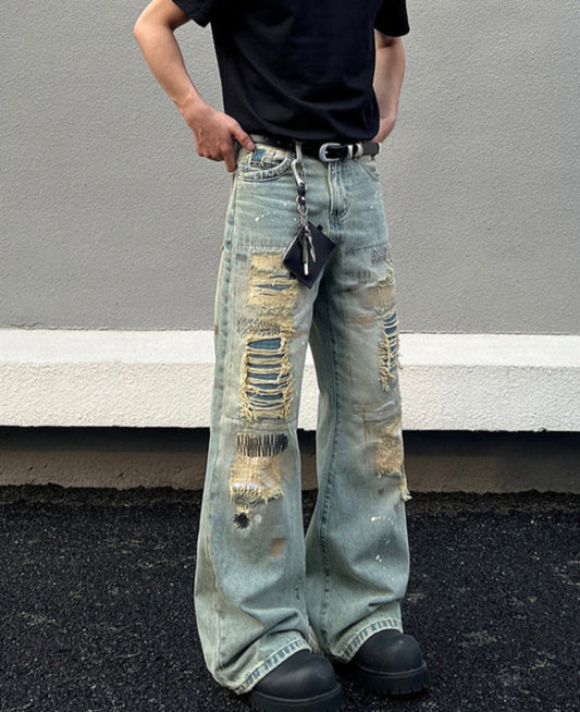 Mud-Dye Damage Design Flare Denim Jeans WN19396