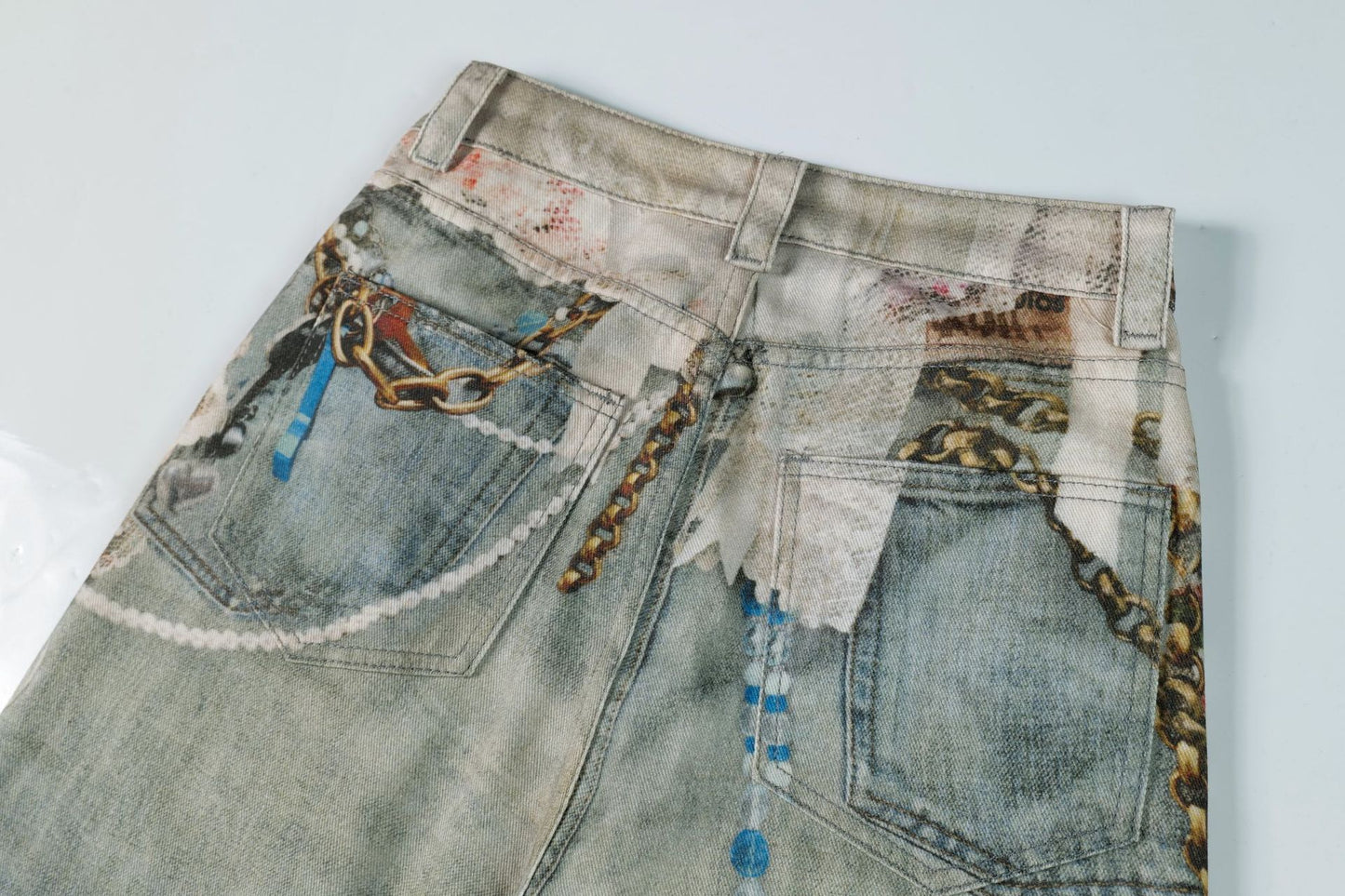 3D Print Washed Wide Leg Denim Jeans WN23038