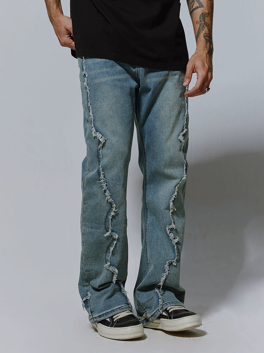 Raw Hem Seam Flare Washed Wide-Leg Straight Denim Jeans WN17611
