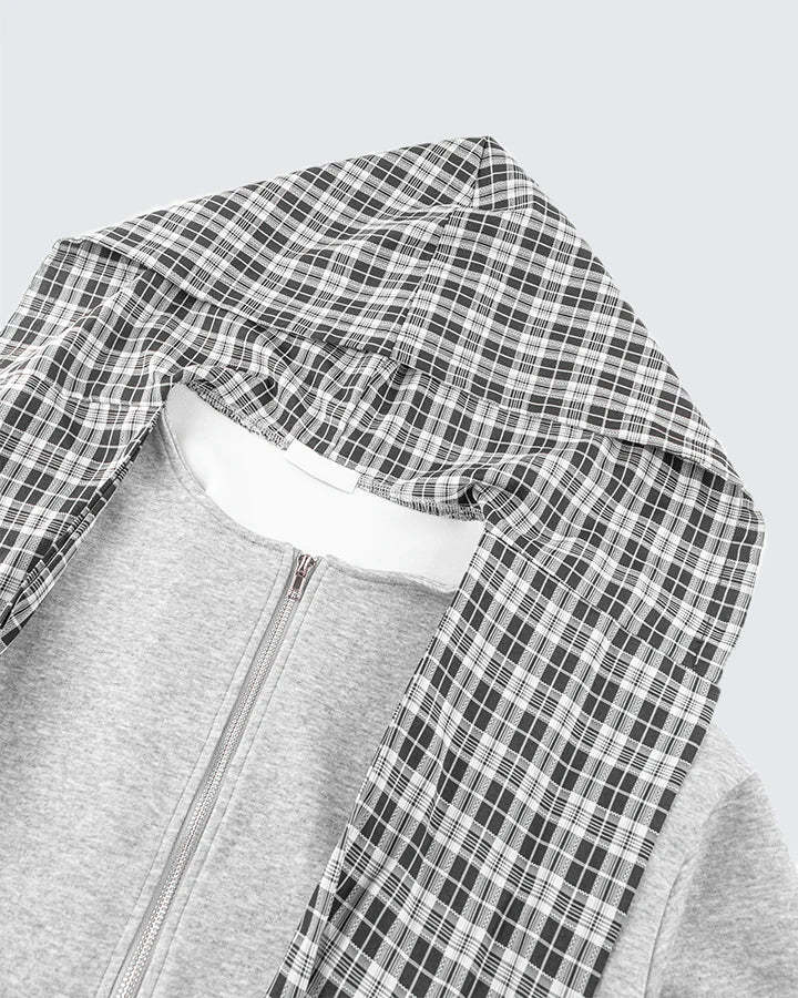 Plaid Scarf Zipper Jacket & Wide Leg Drawstring Pants Setup WN28040