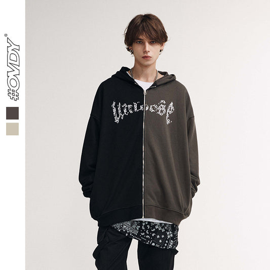 Two-Tone Letter Print Zipper Hoodie WN12388