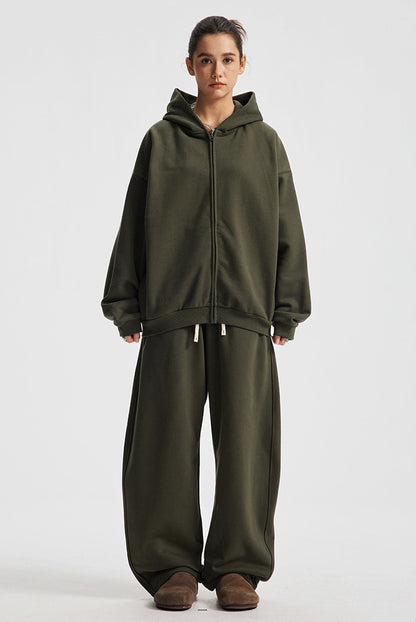 Fleece Lining Side Pocket Zipper Hoodie & Fleece Lining Wide Leg Sweatpants Setup WN23114