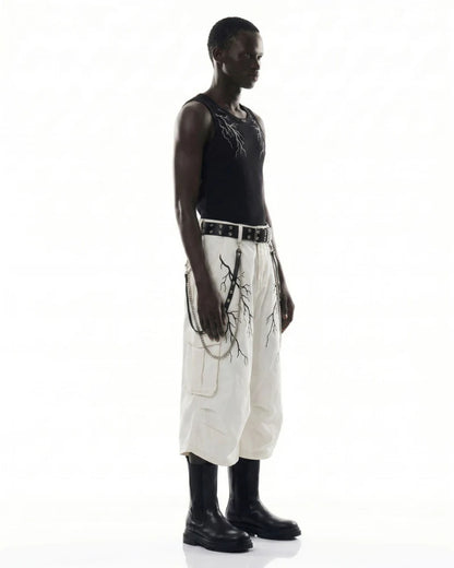 Thorn Graphic Detachable Chain Wide Leg Cargo Half Pants WN28115