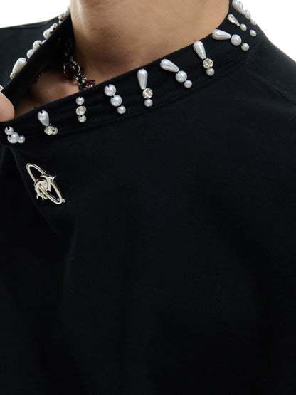 Rhinestone Pearl Neck Short Sleeve T-Shirt WN16320