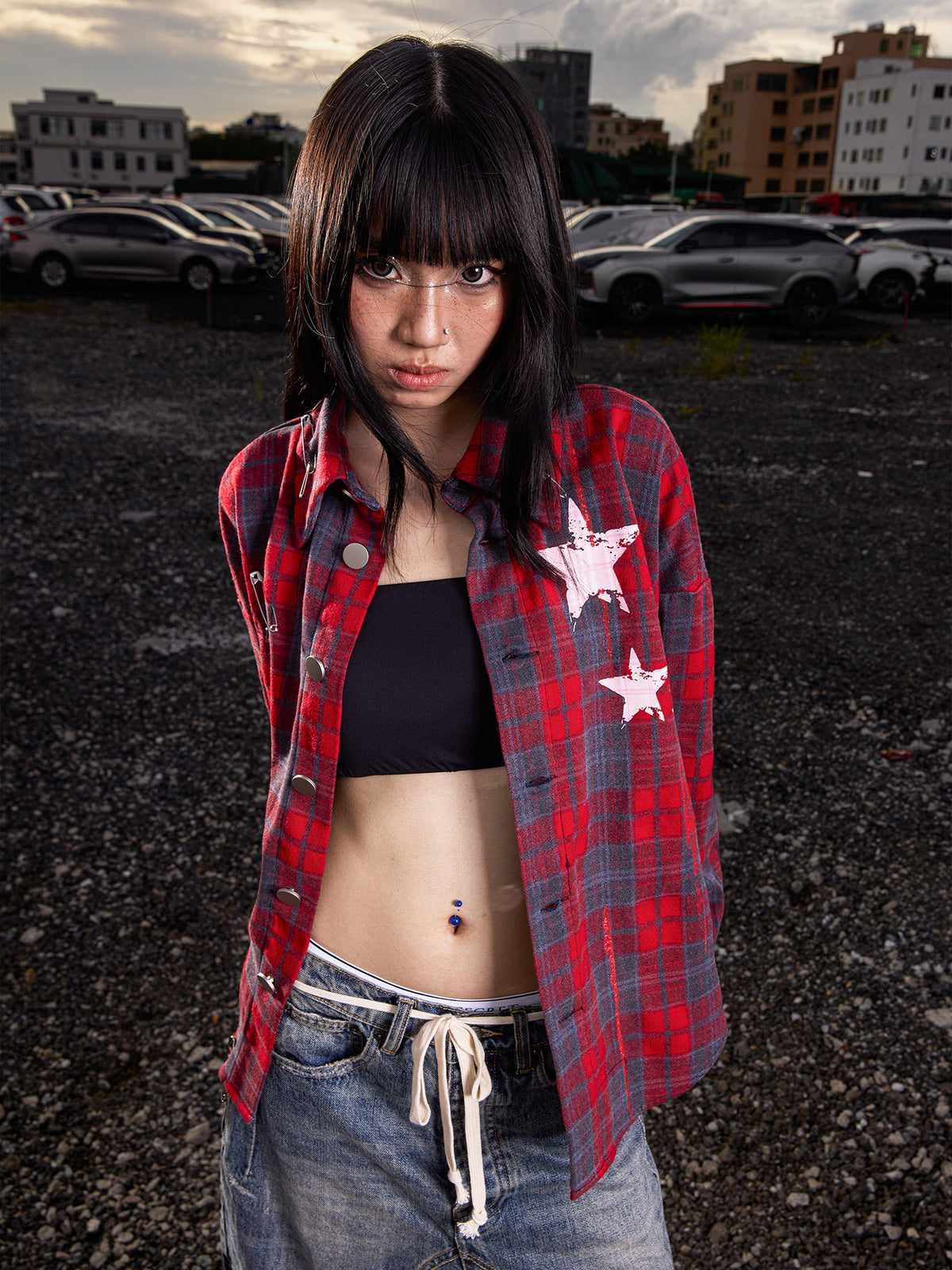 Plaid Star Print Oversize Long Sleeve Shirt WN27099