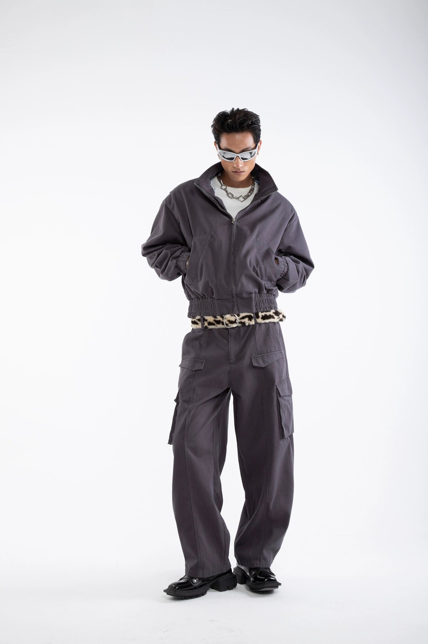 Stand Neck Zipper Short Jacket & Cargo Pants Setup WN20651