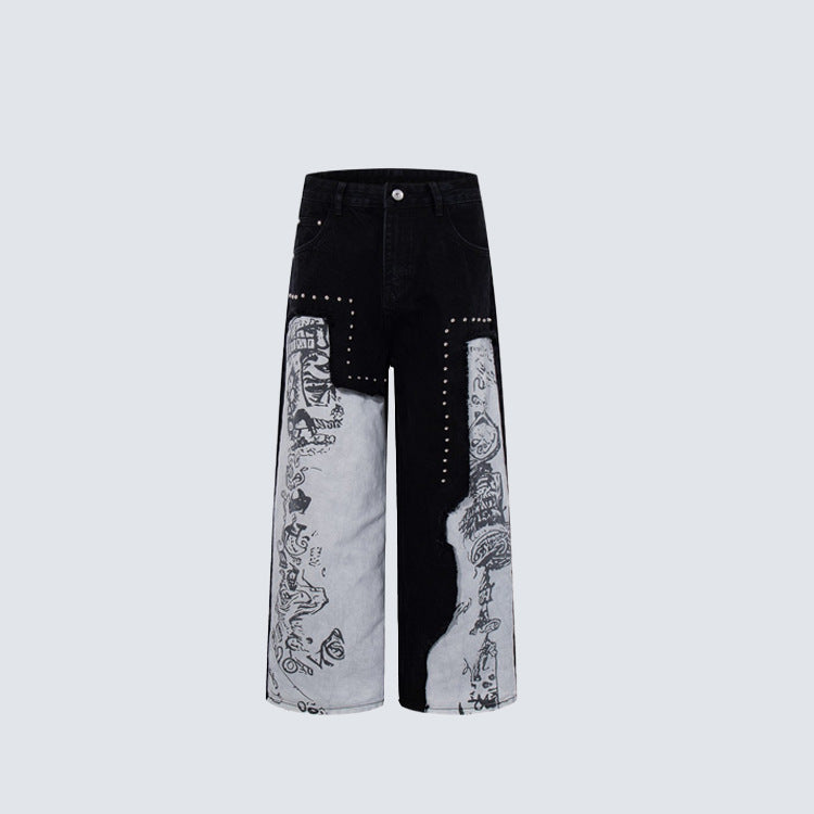 Two-Tone Graphic Panel Studs Wide Leg Denim Jeans WN27813