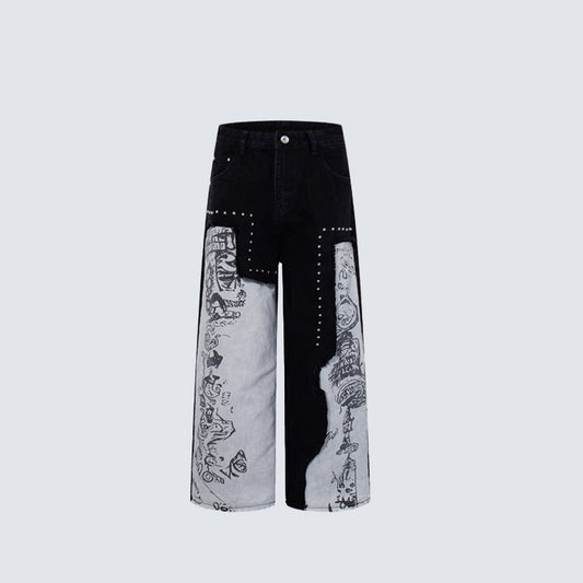Two-Tone Graphic Panel Studs Wide Leg Denim Jeans WN27813