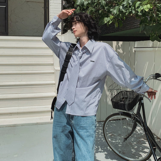 With Tie Striped Oversize Long Sleeve Shirt WN20245