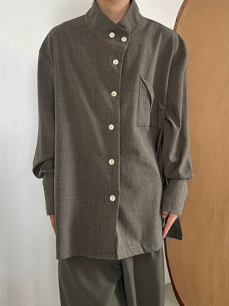 Standing-Collar Side Button Long Sleeve Shirt WN19953